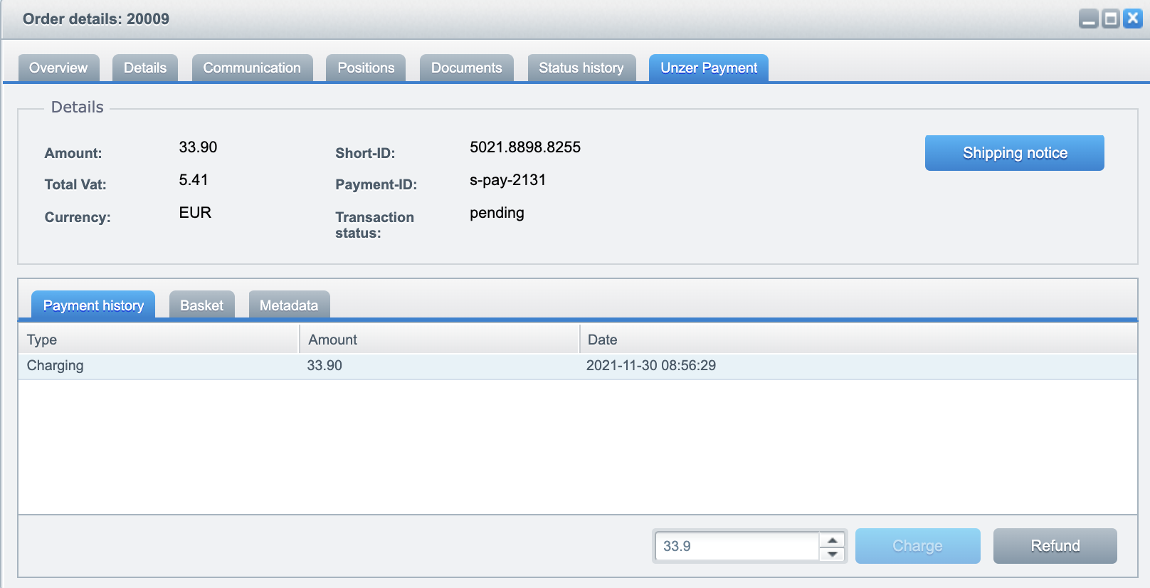 Order details Unzer Payment tab shipping notice button