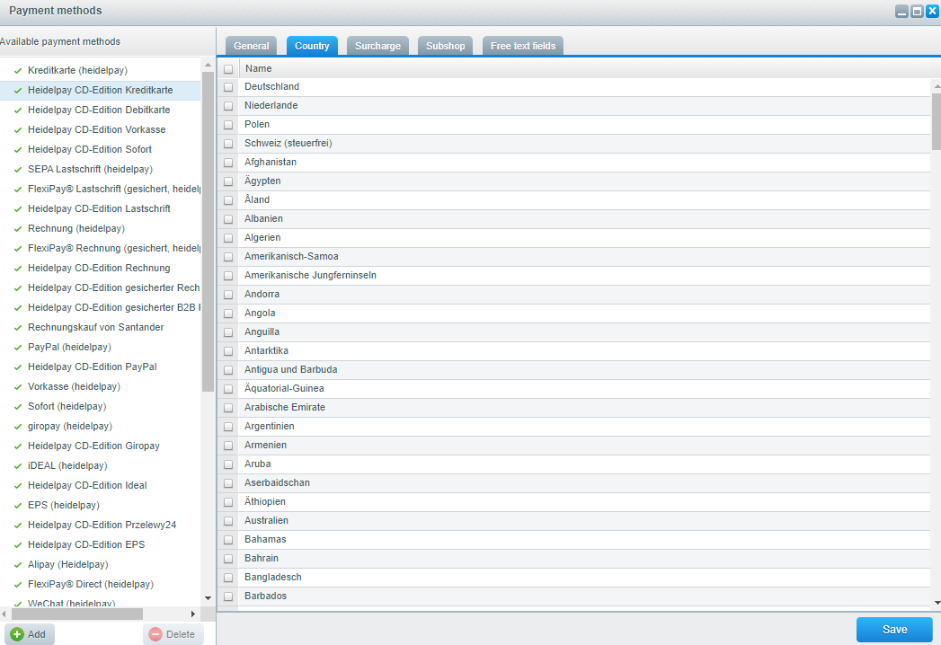 Country settings for payment methods